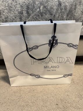 Prada White Paper Shopping Bag with Black Handles and Navy Logo